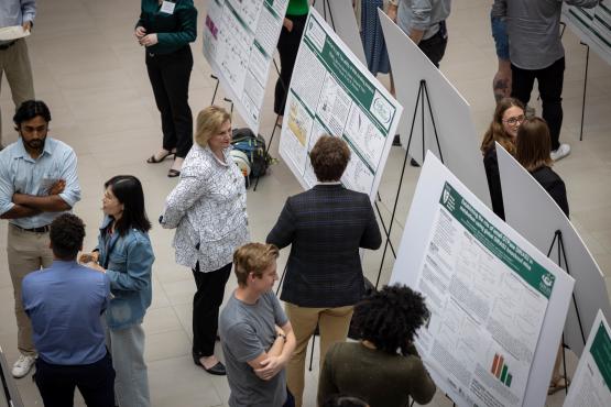 People viewing and discussing research posters on display boards at an indoor academic poster session or symposium.