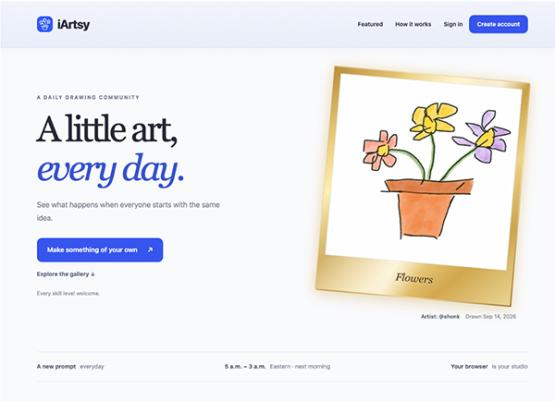 The iArtsy homepage displaying a sketch of potted flowers next to the headline, "A little art, every day."