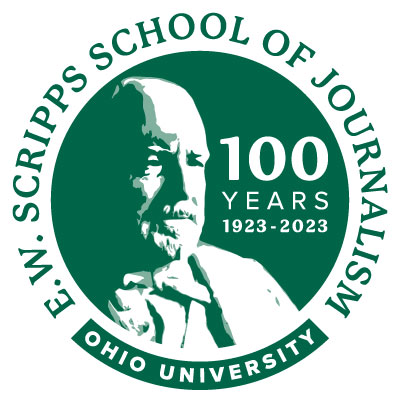 E.W. Scripps with the words 100 Years (1923-2023) E.W. Scripps School of Journalism at Ohio University