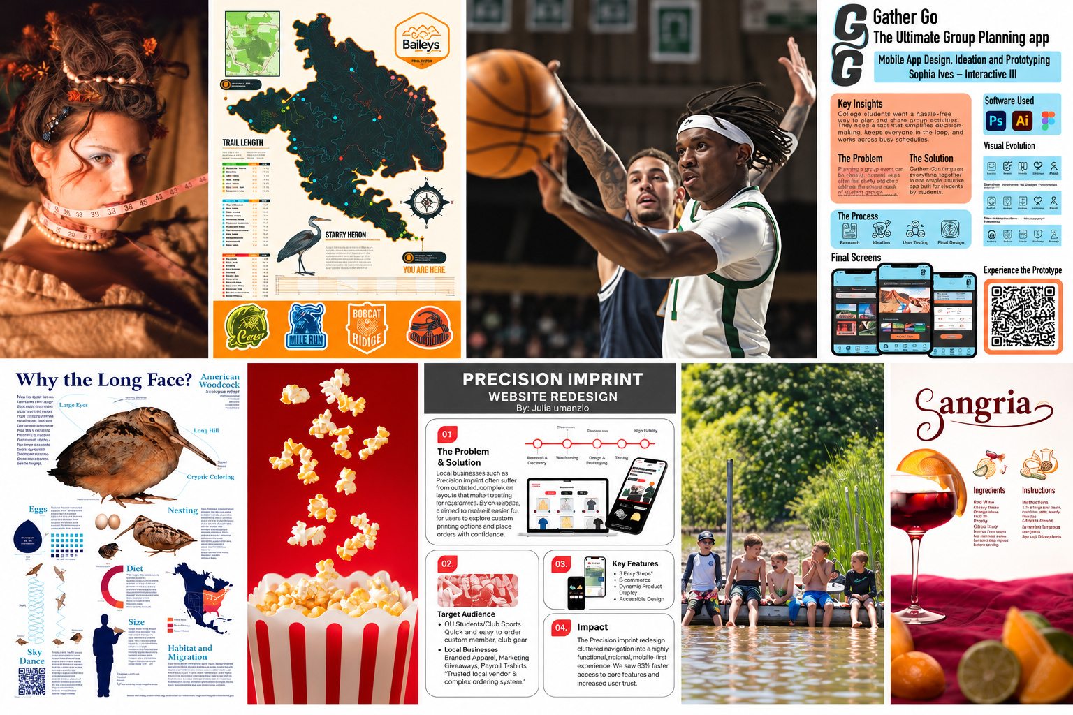 Collage of VisCom work alternating portrait, sports, food, and documentary photography with trail mapping, a bird infographic, editorial design, and app and website projects.