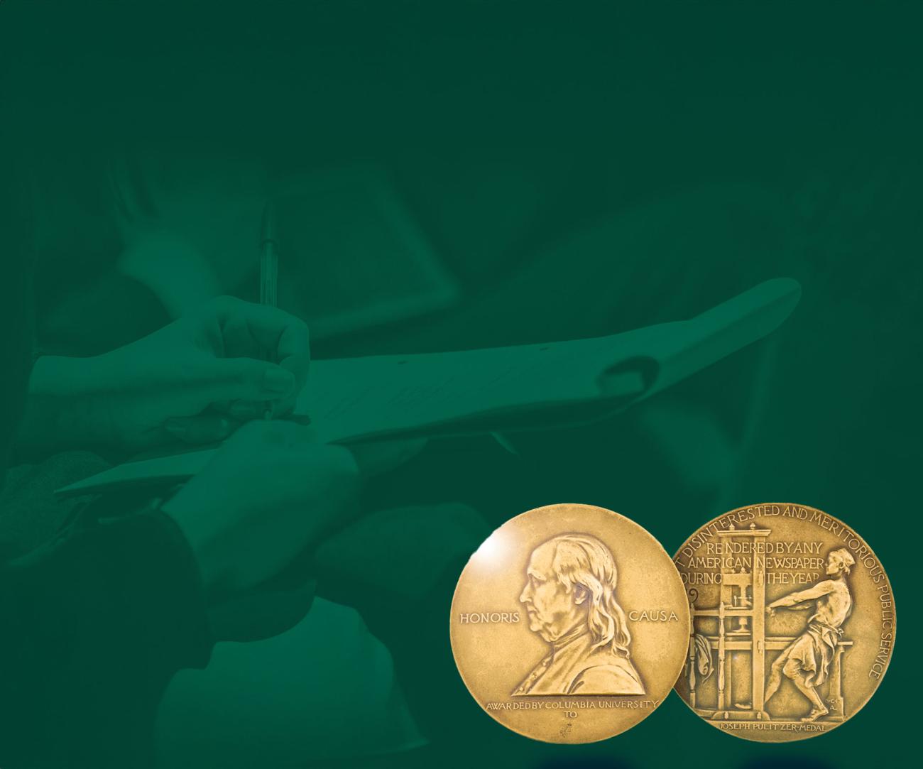 A background image features a person writing on a notepad with a graphic of the Pulitzer medal on top.