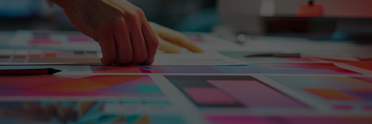 a person's hand on colorful layouts