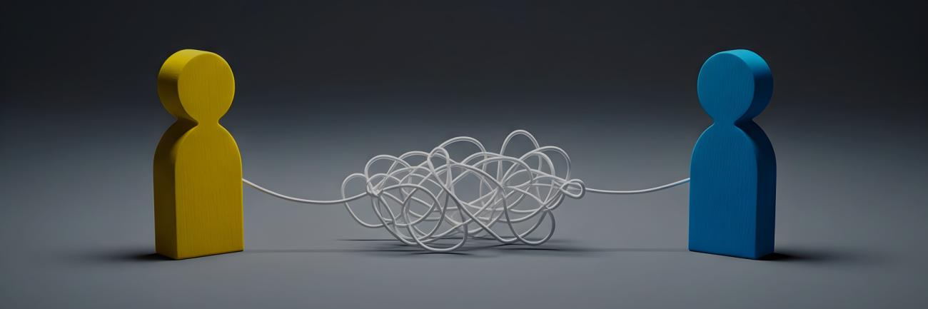 Two wooden people connected by a tangled white cord, representing communications