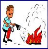 Cartoon man extinguishing fire