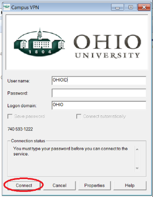 Ohio University VPN Log in. Red Circle on the Connect button