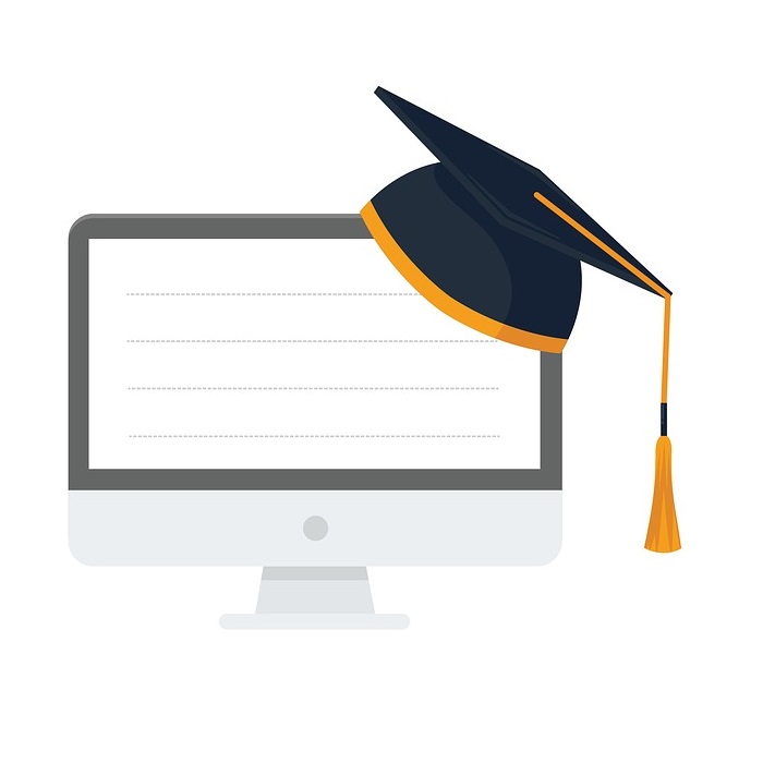 Illustration of a computer monitor with a graduation cap resting on it