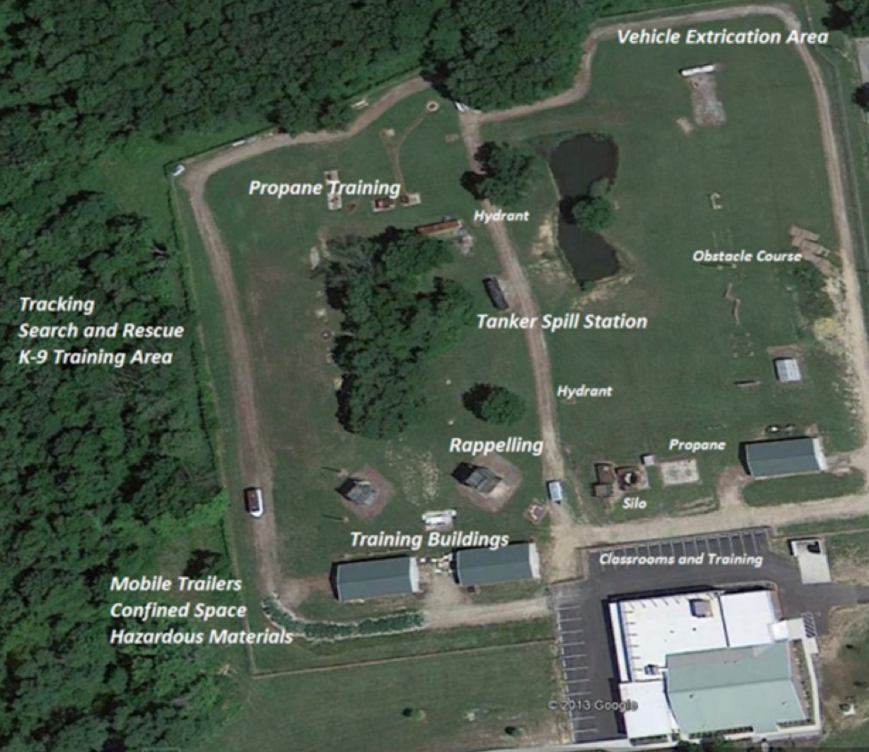 Emergency Response Training Center overhead view with labelled buildings