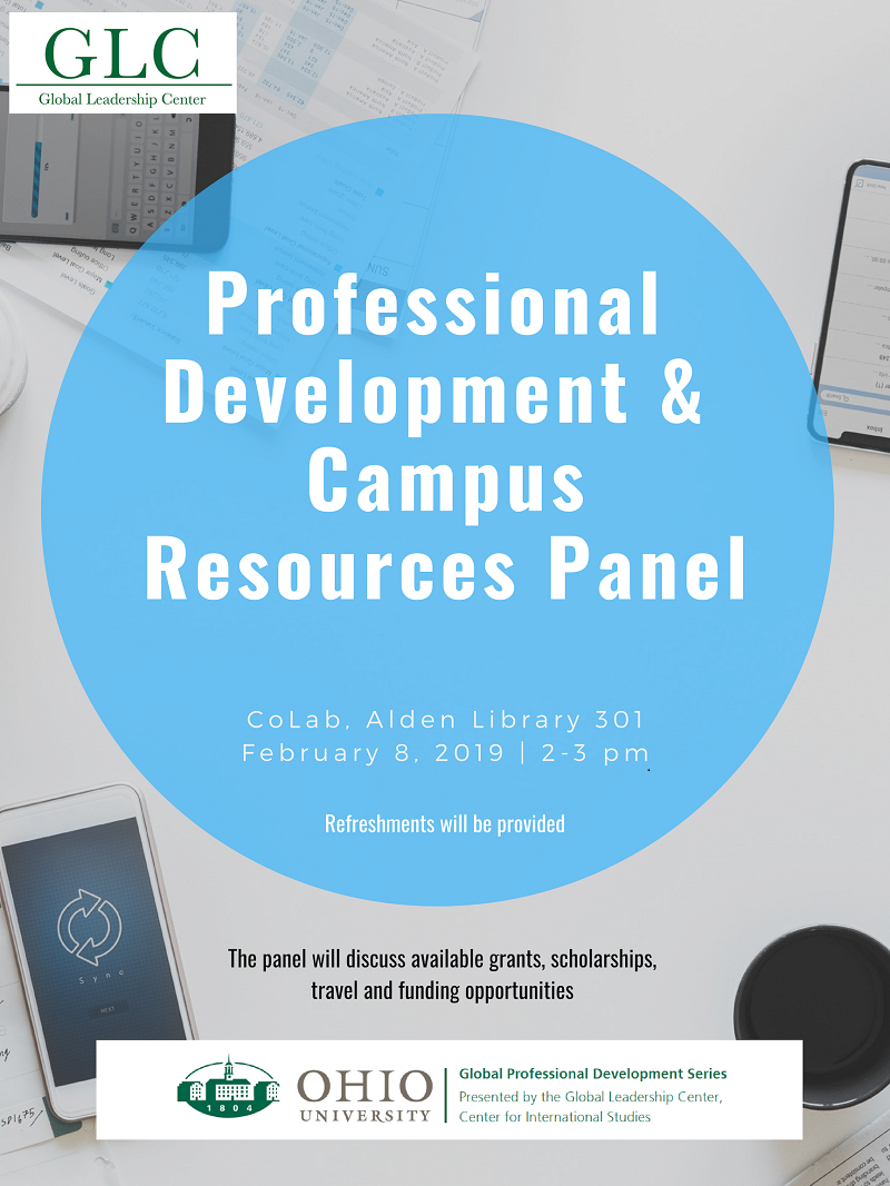 Flyer for "Professional Development and Campus Resources Panel", which takes place on February 8, 2019, in Alden 301, from 2-3pm.