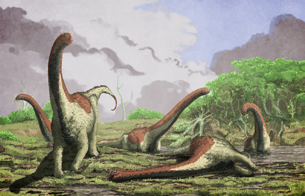 An artist's drawing of  Rukwatitan bisepultus dinosaurs dying.