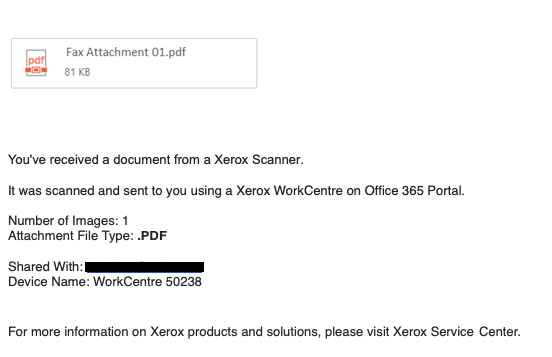 "You've received a document from a Xerox Scanner­.  It was scanned and sent to you using a Xerox WorkCentre on Office 365 Portal.