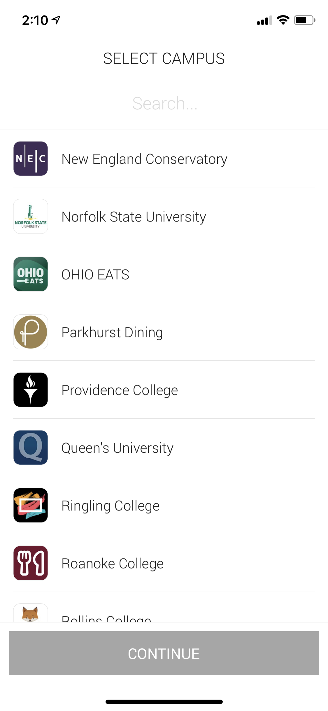 OHIO EATS app screen 1: choose OHIO EATS from the list of available locations