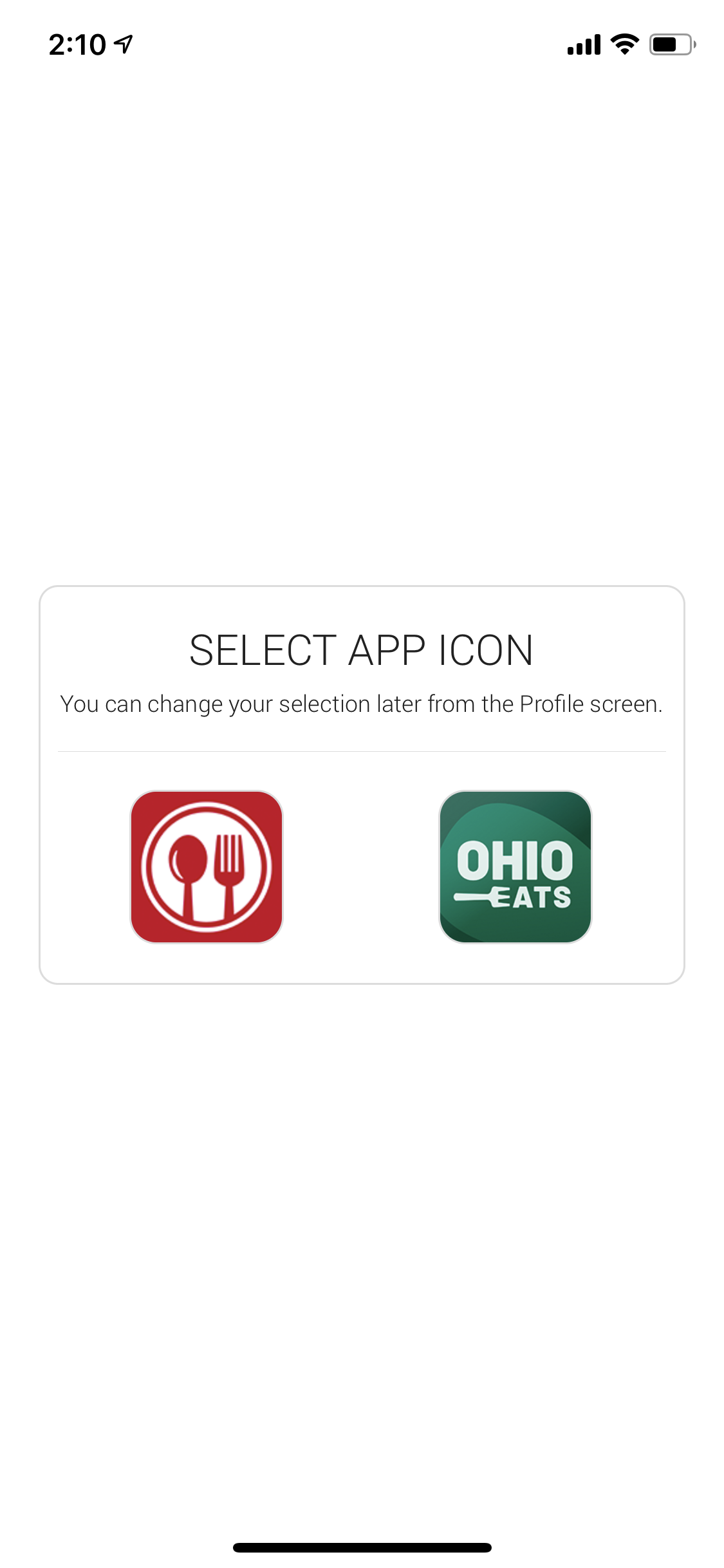 OHIO EATS app screen 2: decide which app art you prefer on your home screen