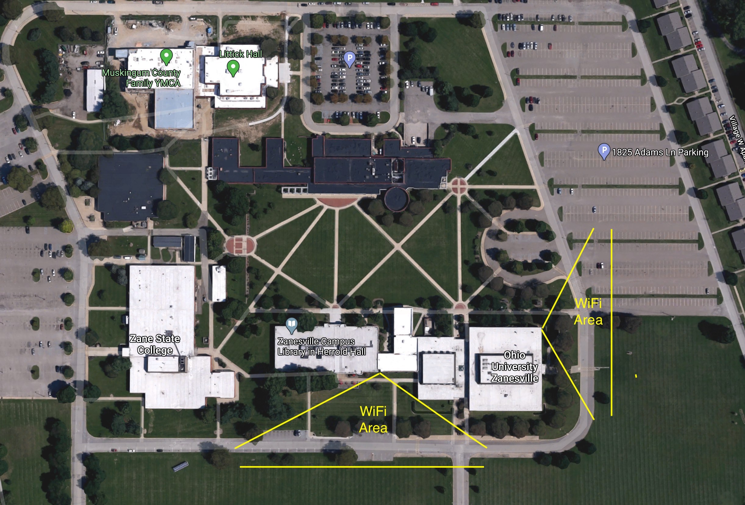 Map showing wi-fi coverage on the Zanesville campus; text summary below.