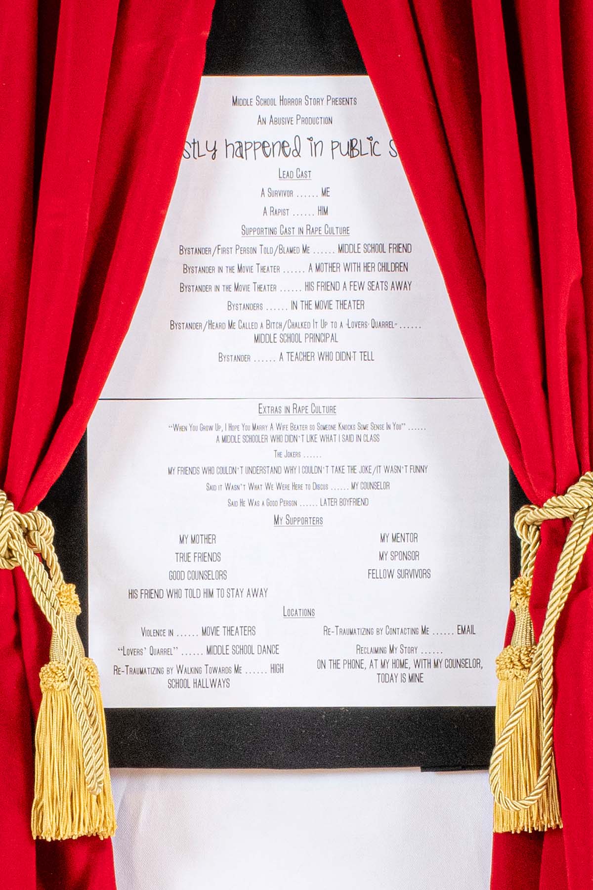 Close-up photo of the 'Abusive Production' cast listing, telling the story of an abusive relationship through a stage production metaphor