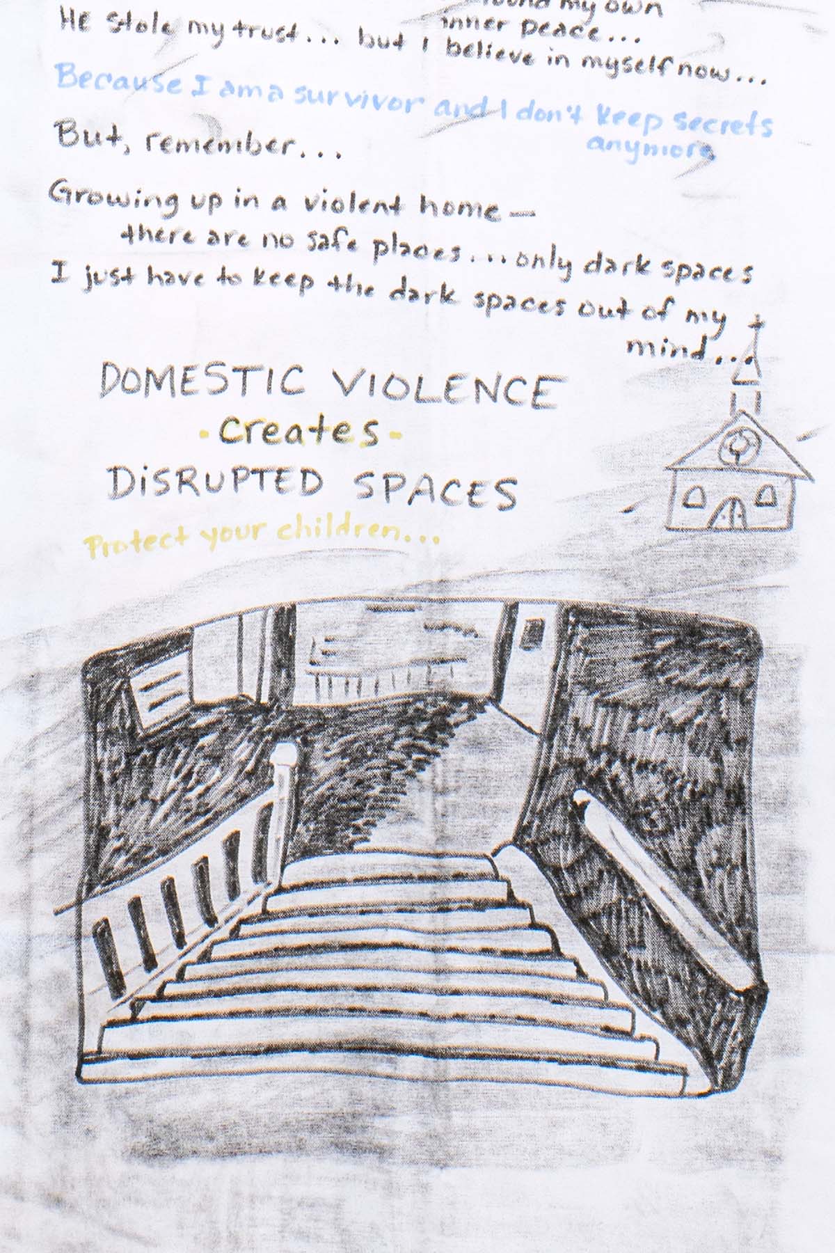 A close-up photograph of the grim, dark space with the words, 'Domestic violence creates DISRUPTED SPACES Protect your children...'