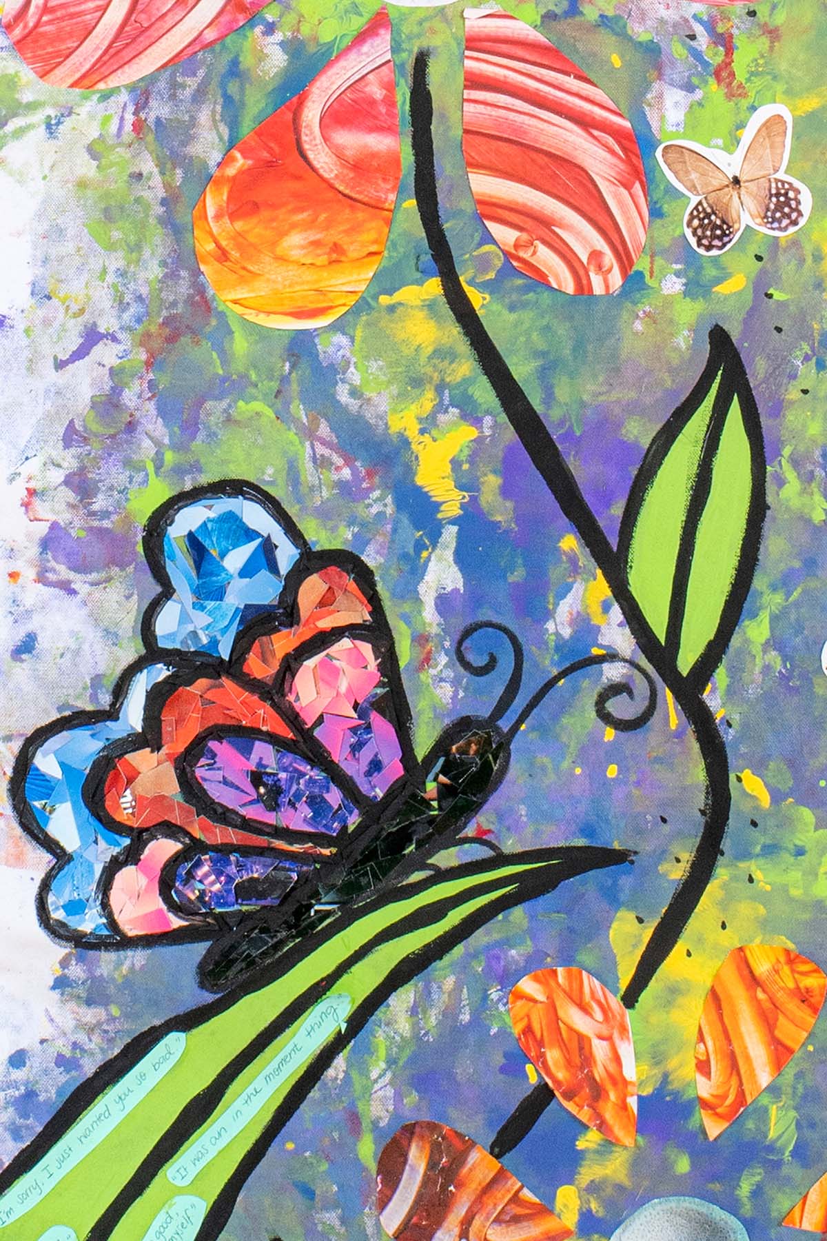 A close-up photograph of a mixed media art piece depicting a colorful butterfly on a blad of grass next to a sprawling flower