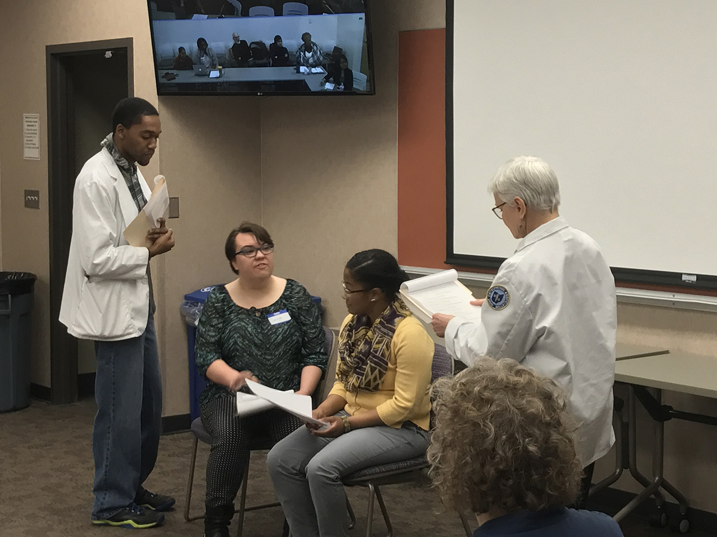 Participants use forum theater techniques in a workshop titled “Responding to Racism in Clinical Settings.”