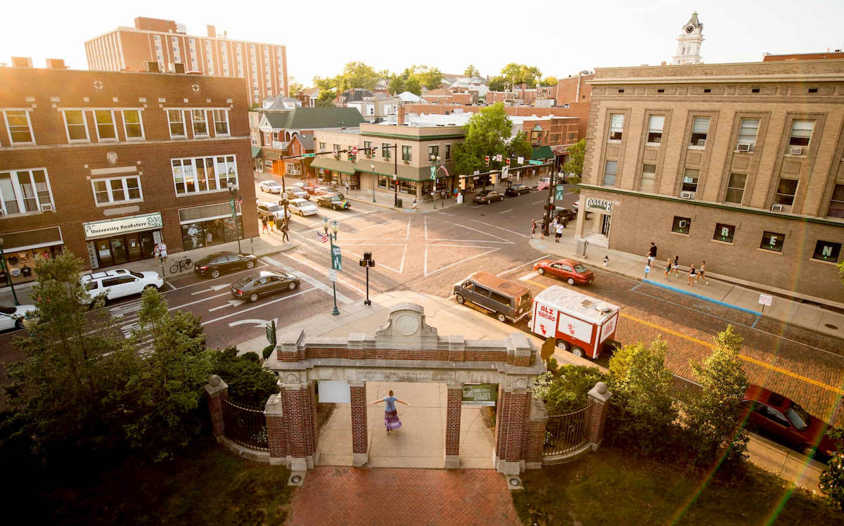 aerial photo of an intersection on Ohio University's Athens campus