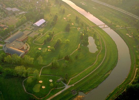 Aerial view of the golf course along the banks of the Hocking River at Ohio University