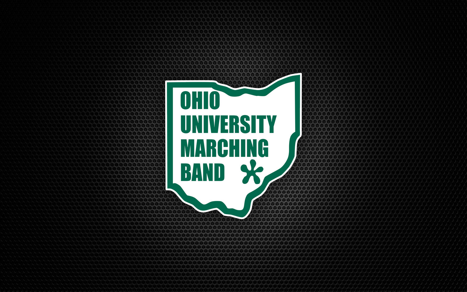 Speaker mesh background with a green and white outline of the state of Ohio containing the words Ohio University Marching Band.
