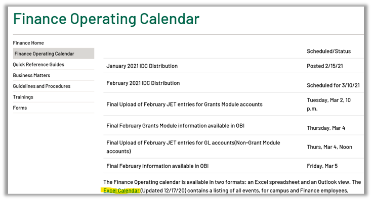 Screenshot of the Finance Operating Calendar webpage highlighting the Excel file.