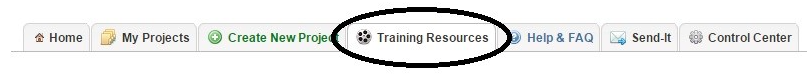 Screenshot of REDCap system navigation tabs with "Training Resources" tab circled