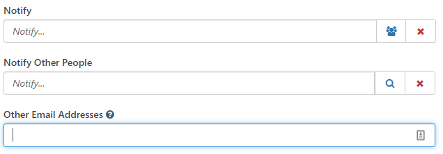 Shows three fields: Notify, Notify Other People, and Other Email Addresses, with the cursor in the third field