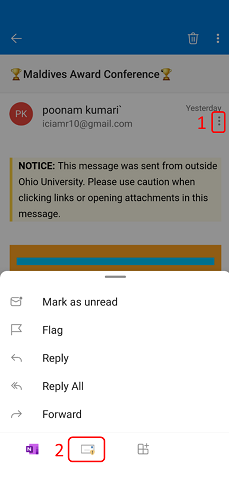 A screenshot from Android with three dots circled in red in the upper right corner and a number one, then a report junk icon circled in red and a number two