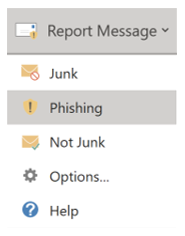 A dropdown menu with the following options: Junk, Phishing, Not Junk, Options, Help