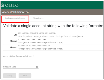 New view: Single account validation tab
