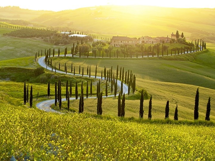 Windy road through Tuscan countryside.
