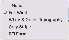 Options for hero: none, full width, white and green topography, grey stripe, RFI form