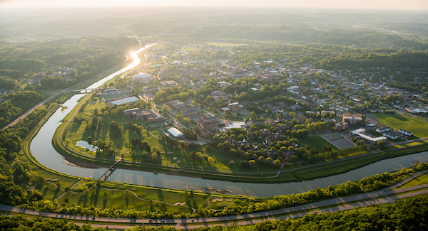 Aerial view of Ohio University's Athens campus at sunset