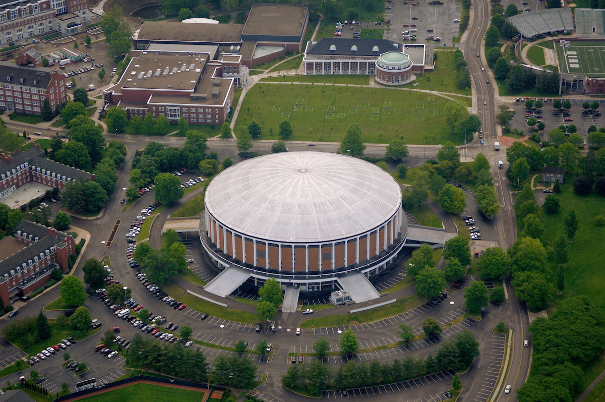 Aerial photo of the Convocation Center at Ohio University