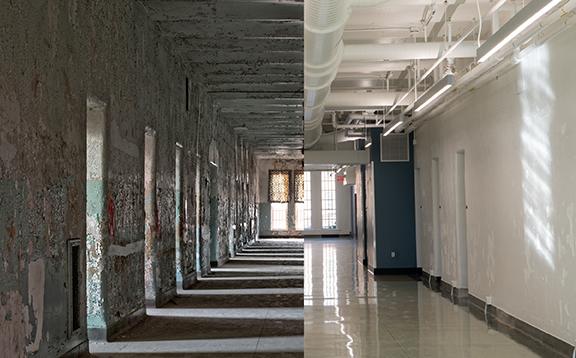 A side-by-side of before and after renovations inside a building at The Ridges