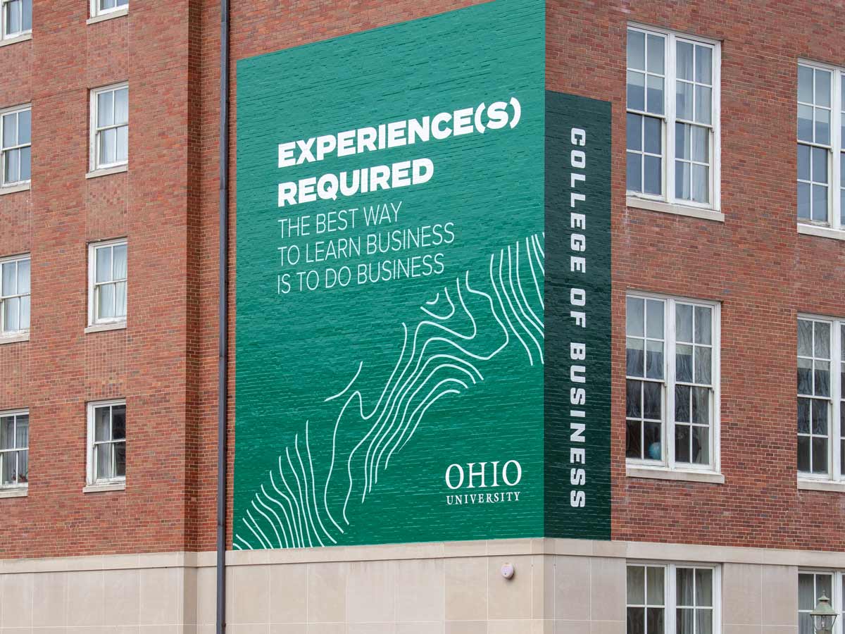 Large OHIO-branded billboard signage applied to brick wall on Copeland Hall