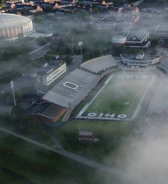 Birds-eye photo of Peden Stadium and The Convo