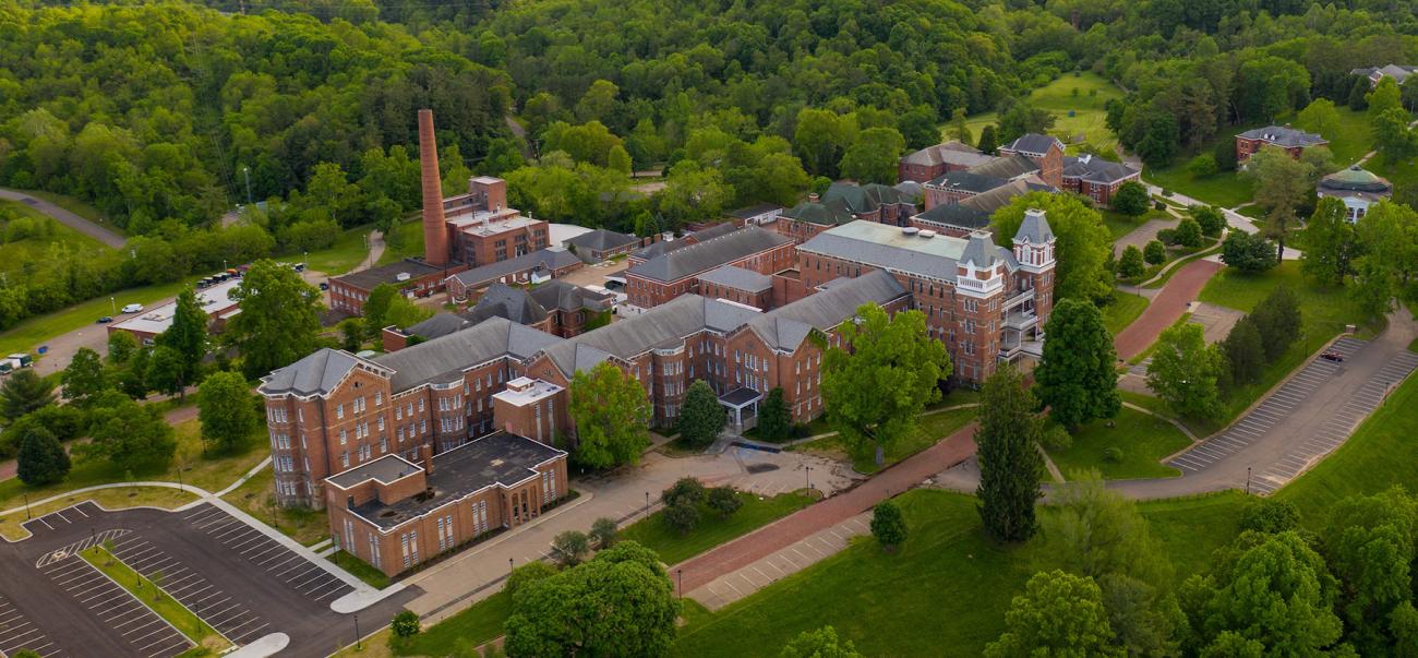 Aerial view of The Ridges historic building at Ohio University