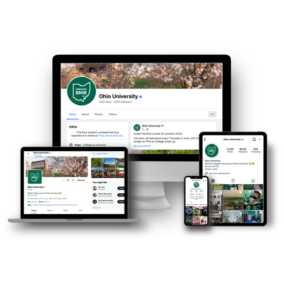 Ohio University's Instagram open on multiple devices, including a cell phone, laptop, and tablet.
