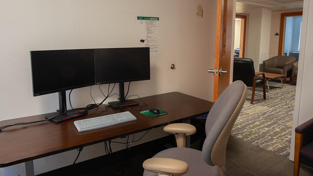 An individual workstation in the Lindley Hall FlexSpace.