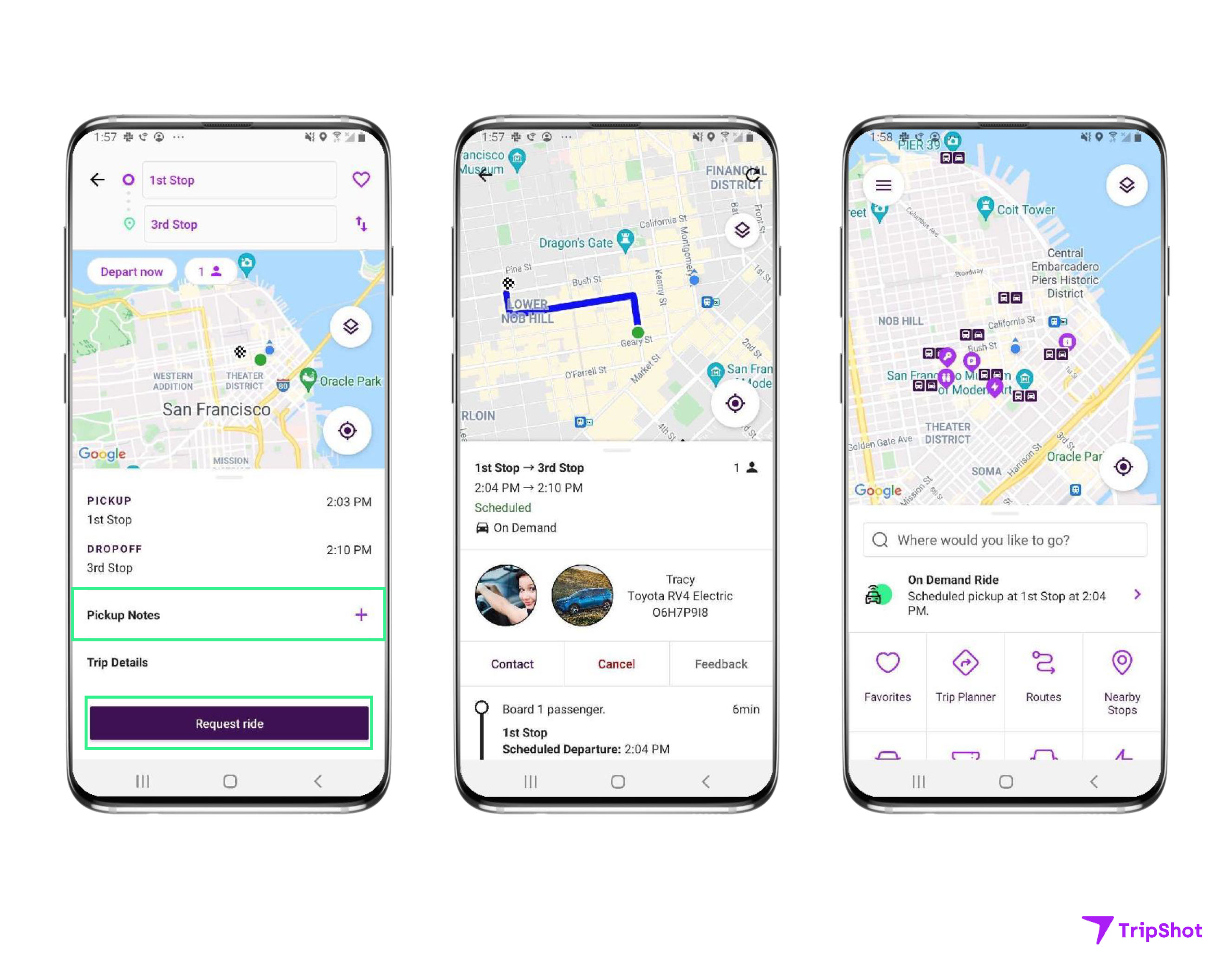 Images of 3 phones display what options to select to confirm a reservation. 1. Pickup Notes and Request Ride 2. Route 3. On Demand Ride
