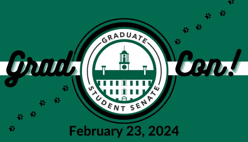 A banner displays the words Grad Con around the Graduate Student Senate logo, which is a circle with the words "Graduate Student Senate" and a University building embedded inside.The bottom of the banner indicates thee date of the Conference, February 23, 2024.  