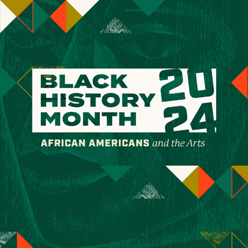 Black History Month 2024 graphic with background artistic image of a woman