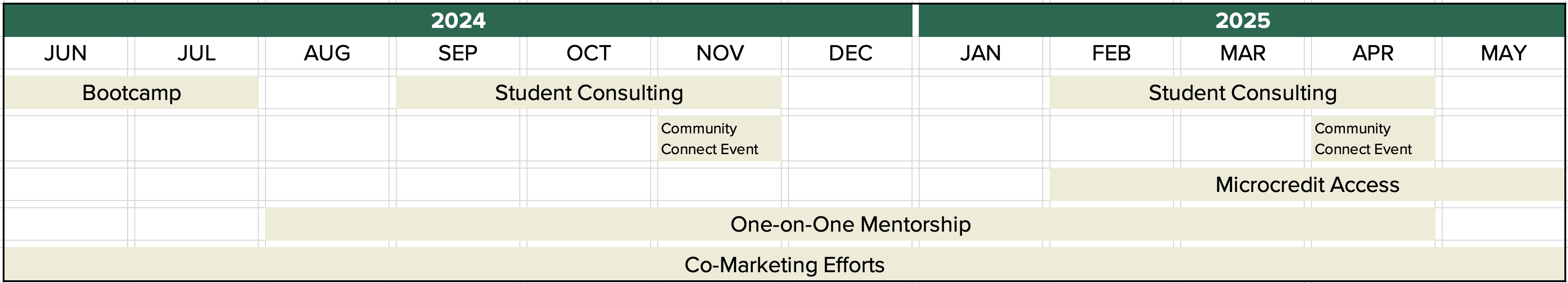 Program elements starting with 6-Week Bootcamp and continuing for the balance of a year with Student Consulting, Community Connect Events, and Co-Marketing Efforts