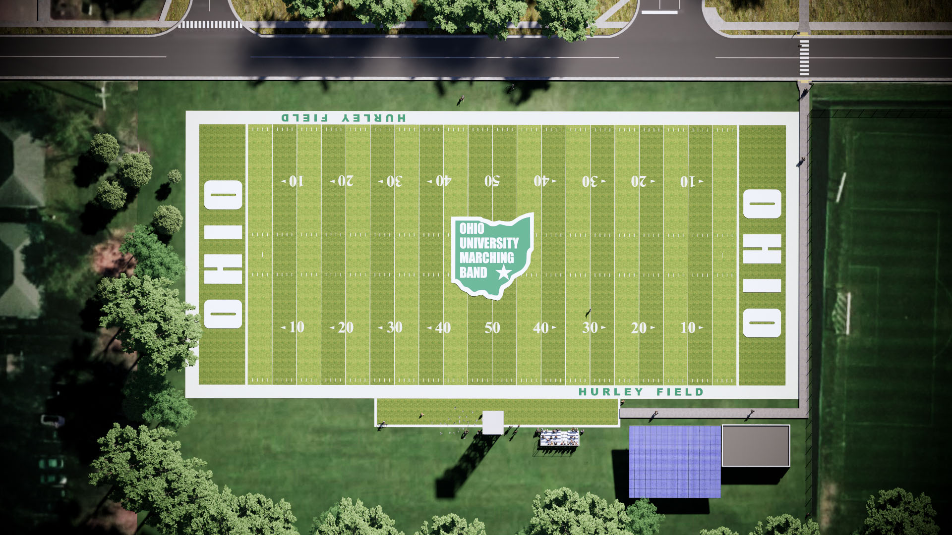 A drone image with artist rendering overlay of the new Hurley Field and the Marching 110 Band Complex.
