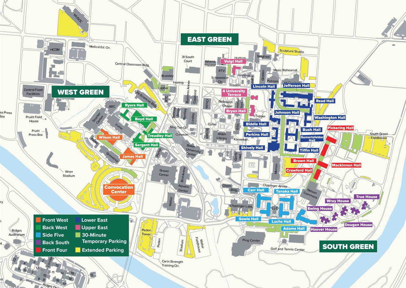 map of campus with 30 minute unloading and extended parking lots highlighted