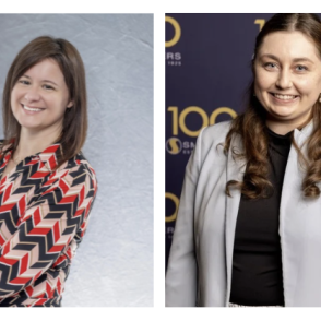 two headshots next to one another. the one on the left is of a woman angled towards the screen smiling with shoulder length brown hair wearing a red, black, and white patterned shirt. The photo on the right is of a woman facing the camera wearing a black shirt under a grey blazer with long brown hair partially pulled back