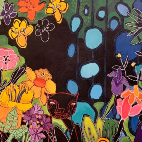 Painted art showing colorful flowers on black background.