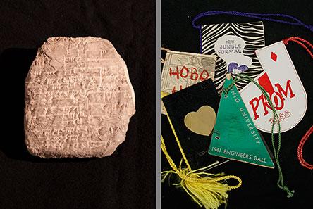 Babylonian clay tablet fragment, dance cards from formal balls at Ohio University.