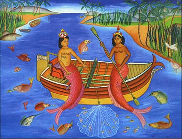 two mermaid figures in a boat surrounded by sea creatures and a tropical landscape.